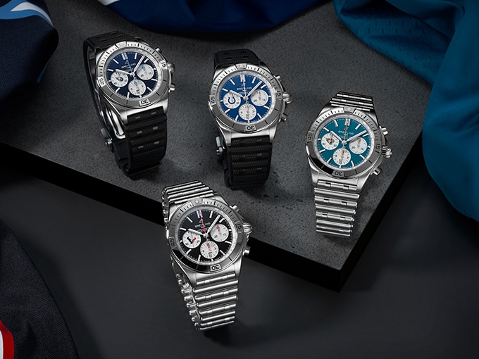 The four watches of the AFC South collection, with different blue toned dials and different straps.