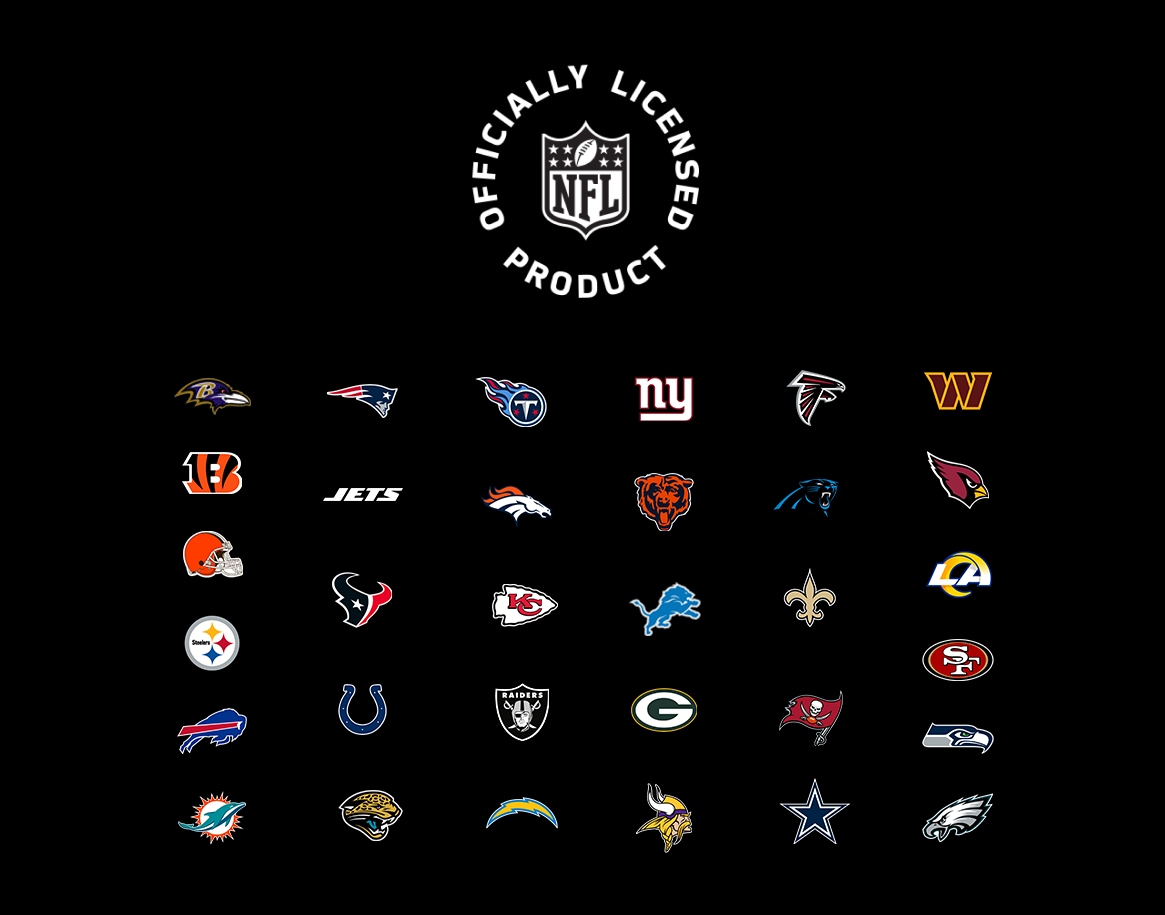 Logos of the 32 NFL teams with the heading “Officially Licensed Product” and the NFL logo.