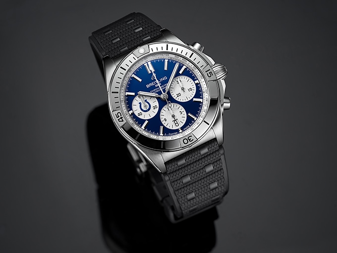 The Chronomat B01 42 NFL Indiannapolis Colts Editions, with a  blue dial and a rubber strap.