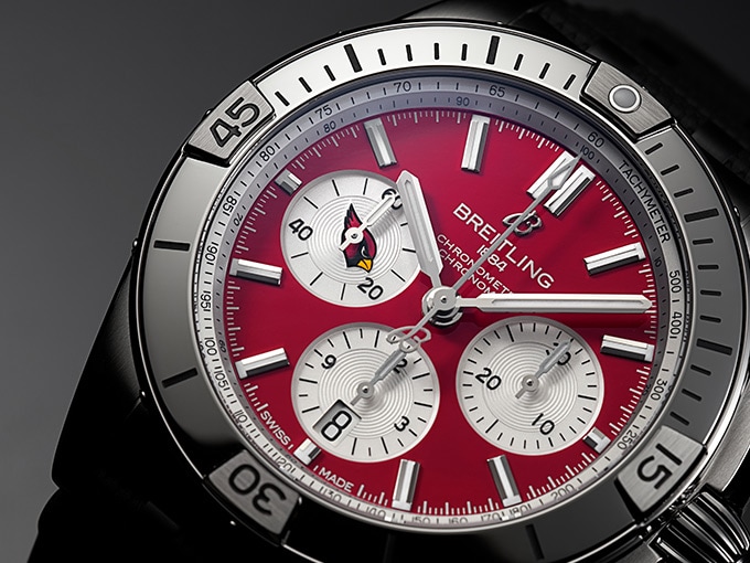 Close-up of the Chronomat B01 42 NFL Arizona Cardinals Edition with a red dial.