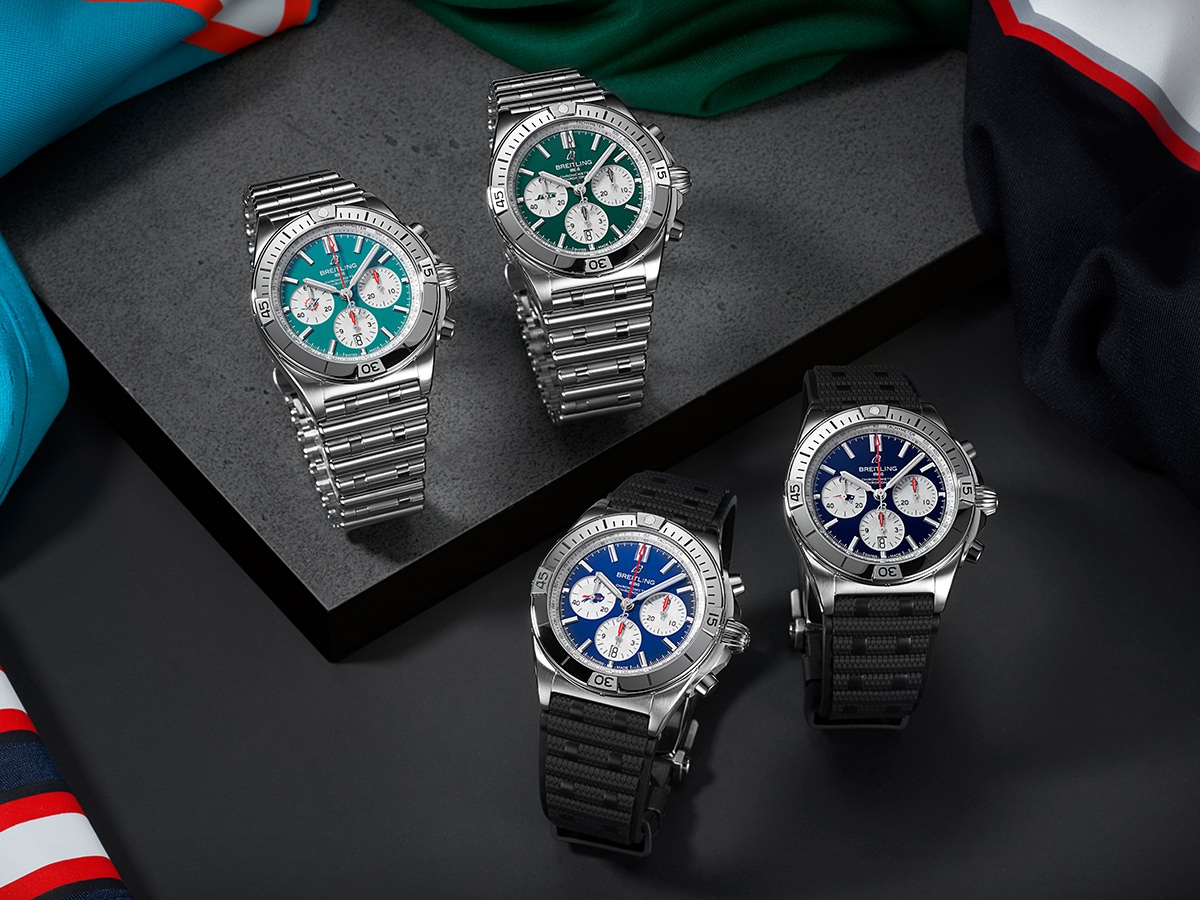 The four watches of the AFC East teams, with green and blue dials and different straps.